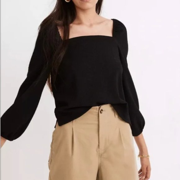 LPA Black Square Neck Puff Sheer LS Sleeve Blouse M - Picture 2 of 15